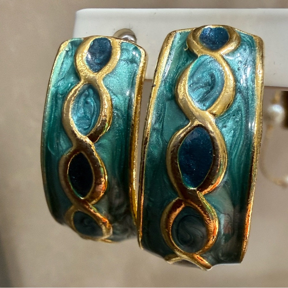 Vintage Elegant Gold Blue Enamel and Teal Hoop Earrings